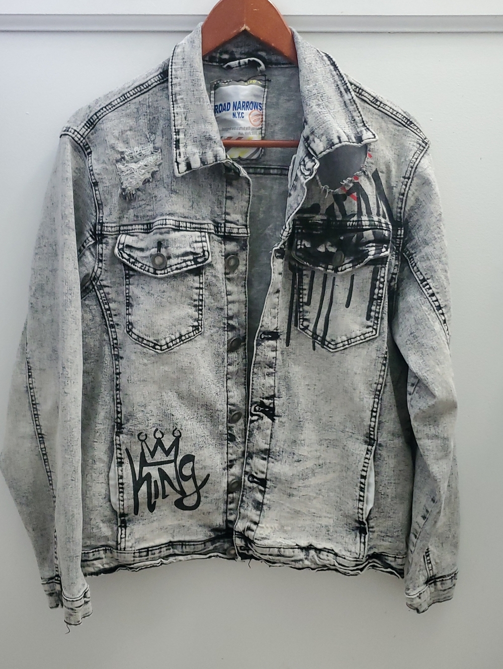 Road Narrows N.Y.C Black Acid Wash Distressed Jacket Size Large